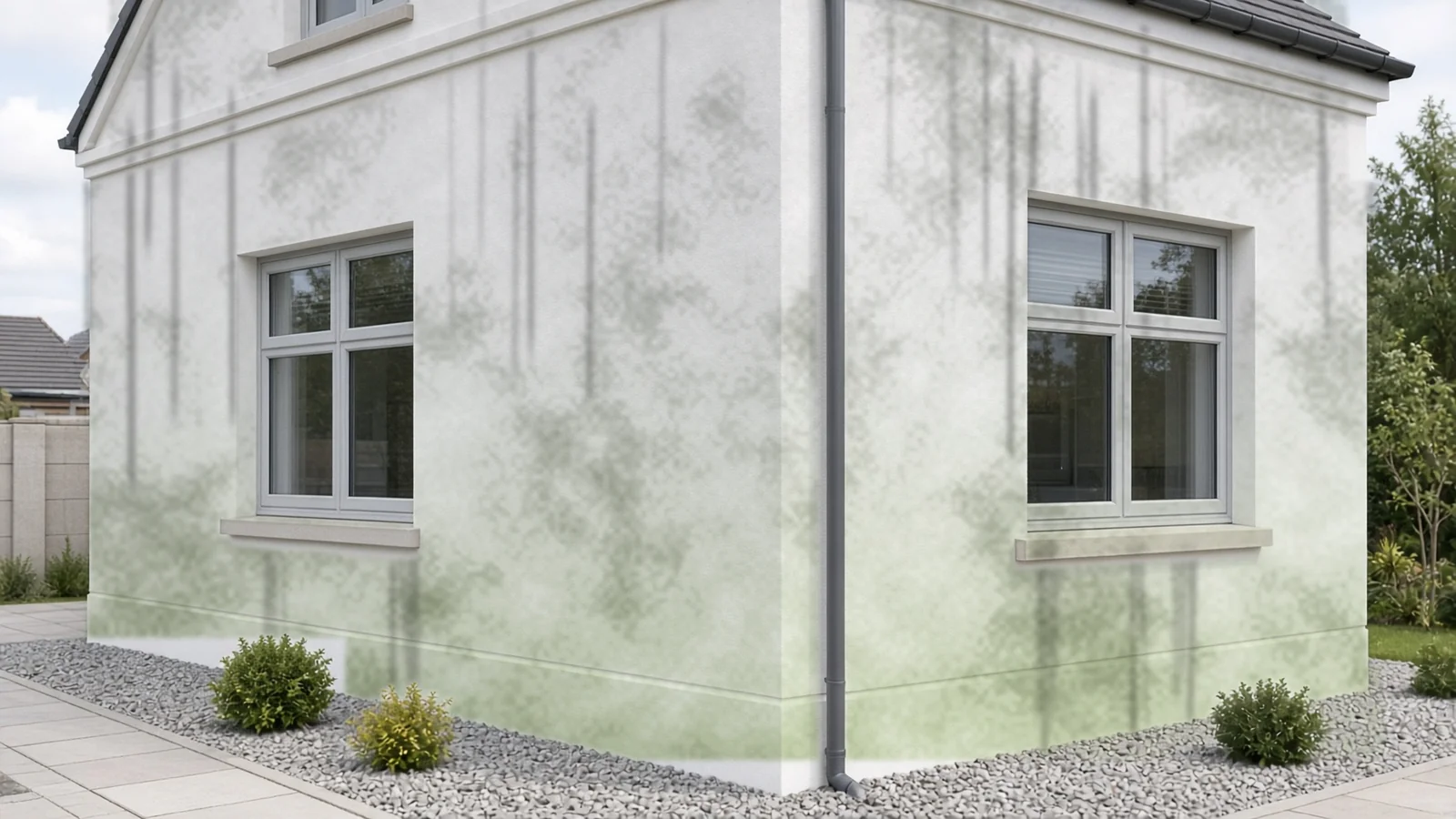 Illustrative stained house render before cleaning
