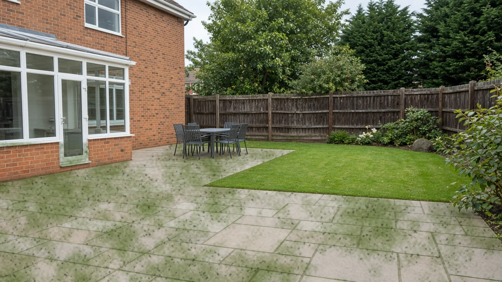Illustrative stained garden patio before cleaning