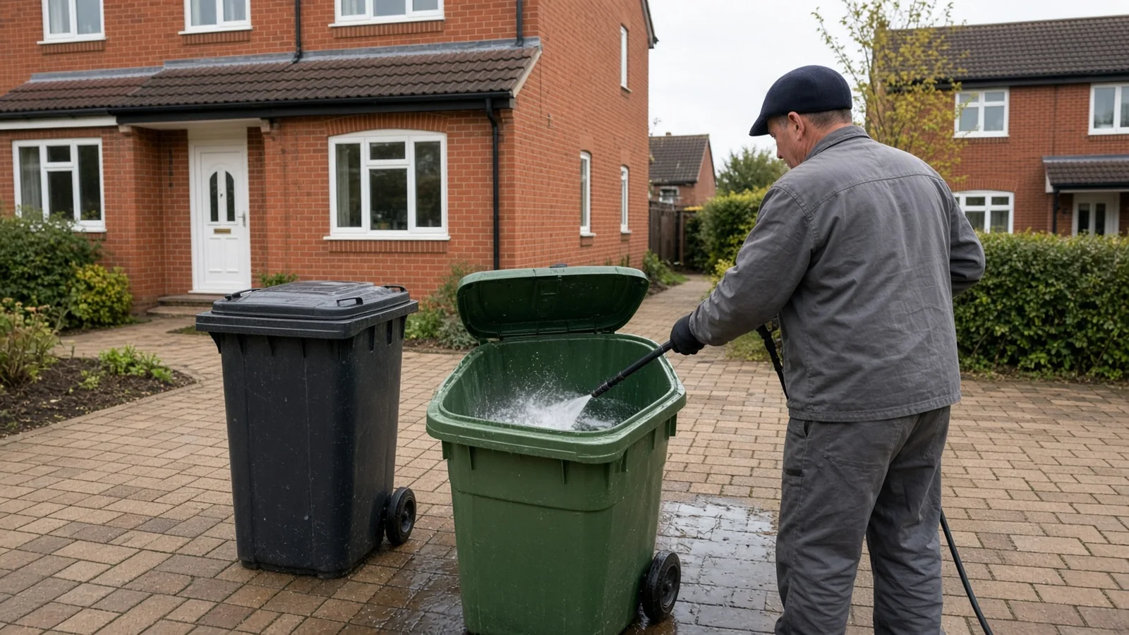 Illustrative freshly cleaned wheelie bins lined up outside a house