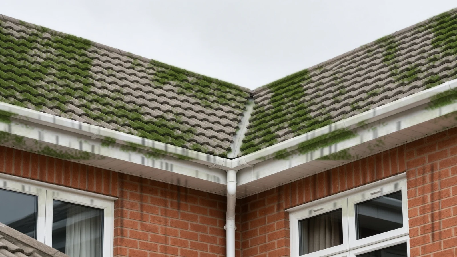 Illustrative mossy roof and dirty gutters before cleaning